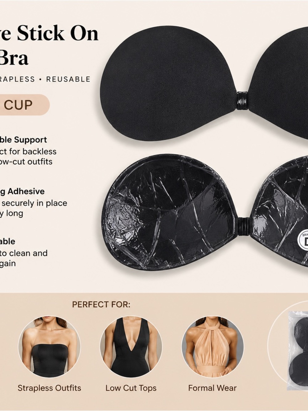 Black Adhesive Stick-On Strapless Bra